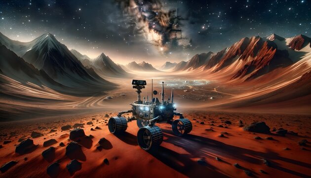 Mars Rover Exploring Distant Terrain - Powered by Adobe