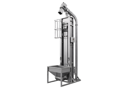 Industrial vertical bucket elevator conveyor system for bulk material handling isolated on transparent background