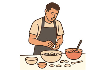 A man is preparing steamed dumplings in a wooden steamer in his home kitchen