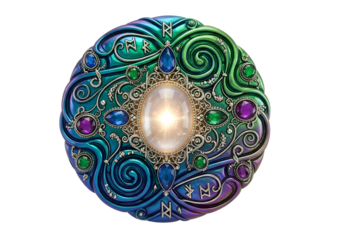 Intricate circular jewelry piece featuring colorful gemstones and mystical runes