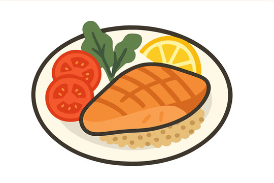 A nutritious salmon meal featuring fresh vegetables, rice, and lime, presented on a plate and suitable for a healthy dining experience whether at a restaurant or in the comfort of one's own home