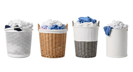 Four different laundry baskets filled with clothes ready for washing isolated on transparent background