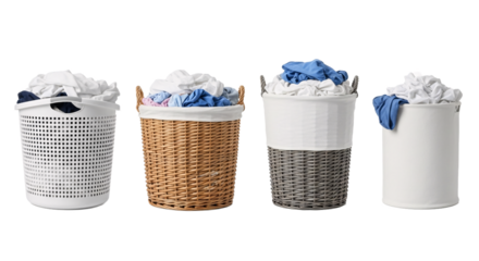 Four different laundry baskets filled with clothes ready for washing isolated on transparent background