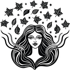 Woman with flowing hair and falling autumn leaves face