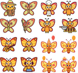 Obraz premium Collection of Cute Cartoon Butterfly Characters Depicting Various Professions and Celebrations Perfect for Childrens Books and Animated Content with Vibrant Colors and Playful Designs