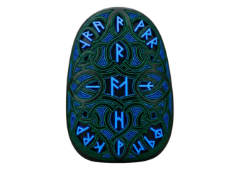 Intricate glowing oval pendant with Norse runes and tribal design elements illuminated in blue and