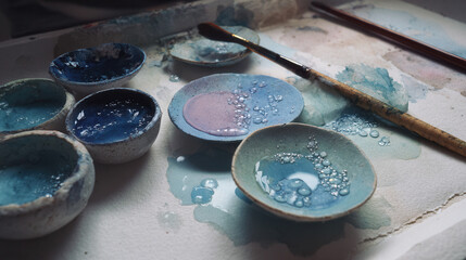 A watercolor setup with ceramic mixing wells, translucent washes bleeding on cold-pressed paper, droplets sparkling.