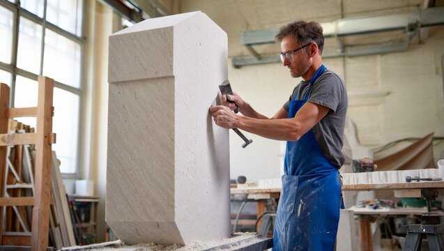 Sculpting stone art studio workshop creative process bright environment close-up view artistic expression