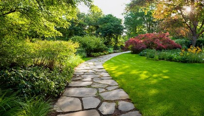 serene natural stone pathway amidst lush green grass and vibrant foliage in a sunlit outdoor garden landscape