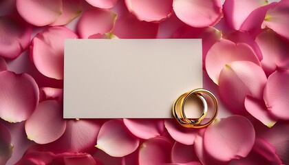 elegant gold rings on a blank anniversary card surrounded by pink rose petals