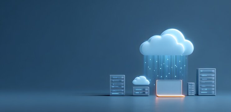 futuristic cloud computing desk background with glowing servers hologram
