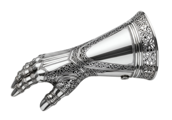 Intricate silver and metallic ceremonial conch shell with detailed engravings and patterns for