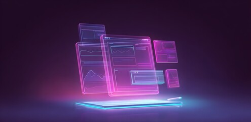 futuristic app design workspace background with floating wireframe screens