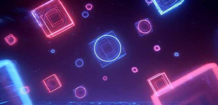 futuristic blockchain metaverse background with glowing NFT art frame - Powered by Adobe