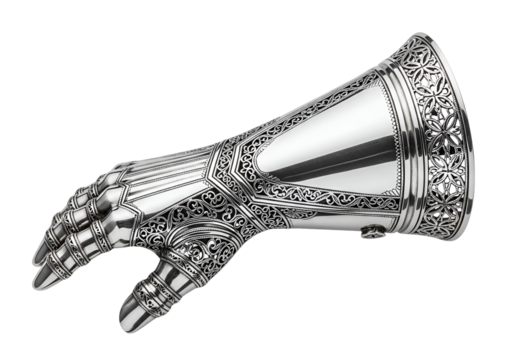 Intricate silver and metallic ceremonial conch shell with detailed engravings and patterns for