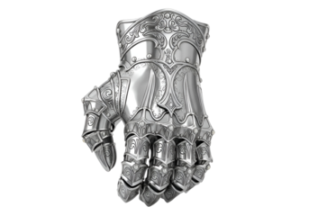 Intricate silver armored gauntlet with detailed engravings and elaborate design showcasing