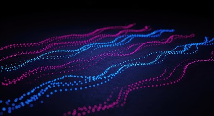 Flowing dotted lines of pink and blue over dark background. Depth of field