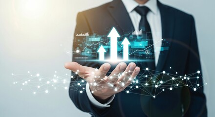 Confident businessman holding digital growth arrows, envisioning success and positive financial performance, modern technology integration