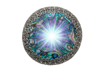 Intricate silver bordered mandala with luminous center featuring iridescent swirling patterns and