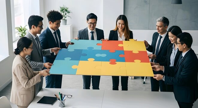 Eight professionals in business attire stand around a table, holding a large, completed jigsaw puzzle with blue, yellow, and red pieces, AI Generated. - Powered by Adobe