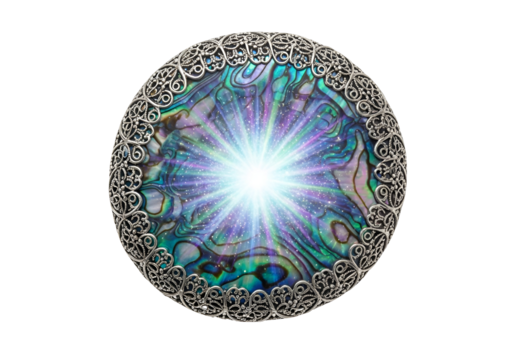 Intricate silver bordered mandala with luminous center featuring iridescent swirling patterns and