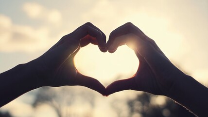 Two hands forming a heart silhouette in front of a soft glowing light
