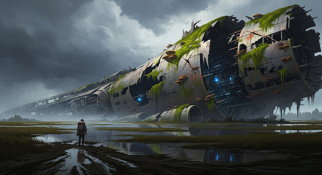 Crashed Starship in Foggy Marshlands, Overgrown Alien Wreckage in Swamp, Sci-Fi Landscape, Digital Art, Illustration, Painting