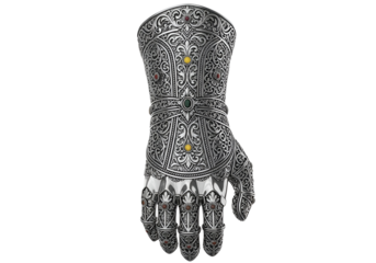 Intricate silver hand jewelry with detailed patterns against a black background
