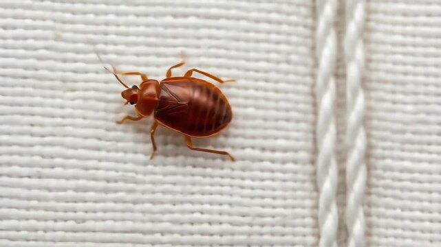 Detailed macro photograph of a single adult bed bug crawling on a white bed sheet, a common household pest infestation concept.