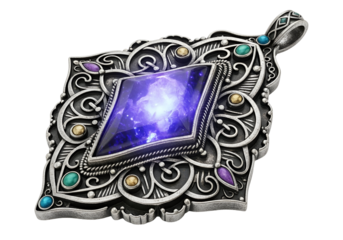 Intricate silver pendant with a central blue gemstone and ornate filigree design suitable for