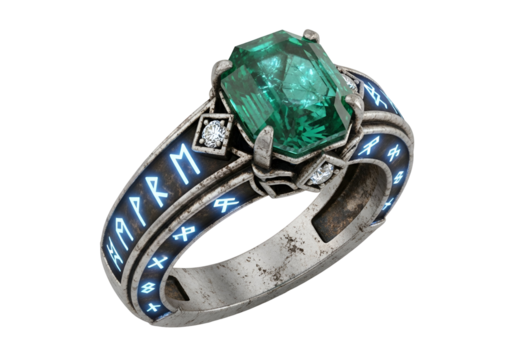 Intricate silver ring featuring a luminous green emerald and glowing runic inscriptions
