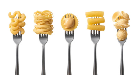 Five forks holding different types of cooked pasta noodles and shapes isolated on transparent background