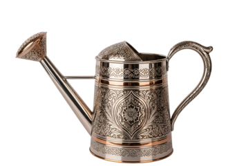 Intricately Carved Silver Watering Can with Elegant Ornamental Design for Gardening or Decorative