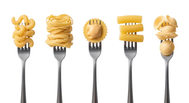 Five forks holding different types of cooked pasta noodles and shapes isolated on transparent background