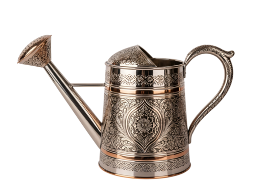 Intricately Carved Silver Watering Can with Elegant Ornamental Design for Gardening or Decorative