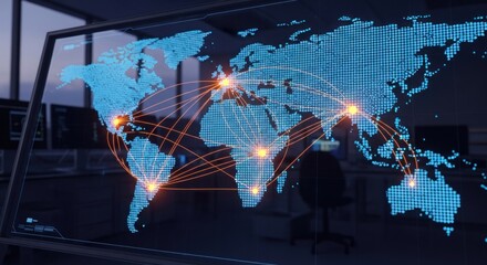 Global network map displayed in futuristic, dark control center