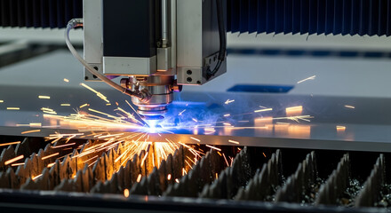 Precision laser cutting machine precisely shaping metal with bright sparks and glowing blue beam