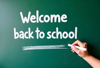 the hand holding white school chalk, writing "Welcome back to school" on big Green chalkboard, concept of back to school and new academic year.