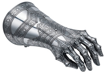 Intricately Designed Silver Armored Gauntlet with Ornate Detailing for Fantasy or Medieval Costumes