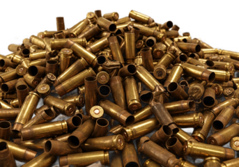 A large pile of used brass rifle ammunition casings scattered in a chaotic heap isolated on transparent background