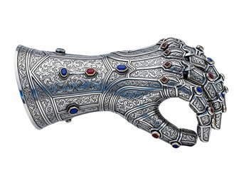 Obraz premium Intricately Designed Silver Hand Jewelry with Gemstones and Artistic Carving