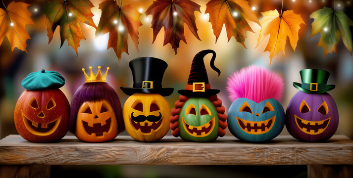 Six cute and funny rainbow Halloween pumpkins with happy smiling carved jack-o'-lantern faces in colorful wigs, funny hairstyles, hats, crown and mustache on wooden table under festive autumn leaves