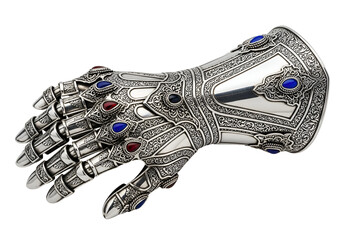 Intricately Designed Silver Hand with Blue and Red Gemstones and Detailed Engraving
