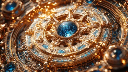 Golden, ornate disc with a central blue gem, complex radial design