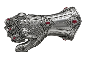 Intricately Designed Silver Skeletal Hand with Red Gemstones on Black Background