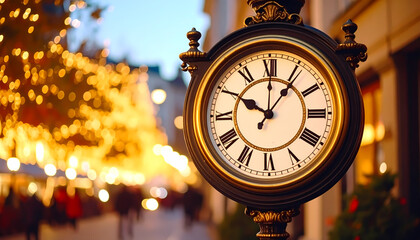 Vintage clock in cityscape with holiday lights