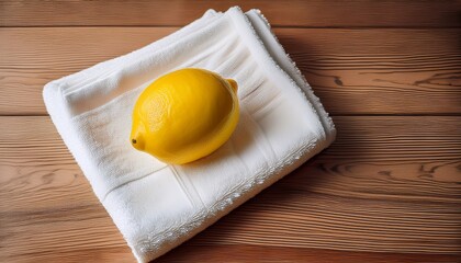 vibrant half lemon on a pristine white towel resting on a polished wooden floor evoking freshness and clean home aesthetics