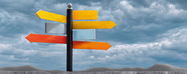 Colorful Tourist Road Sign With Multiple Directional Arrows Under A Moody Gray Sky