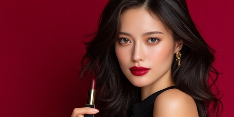 Confident Young Woman Displaying Bold Lipstick Against a Deep Red Background