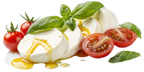 Fresh mozzarella tomato salad with basil leaves and olive oil on white background healthy dish